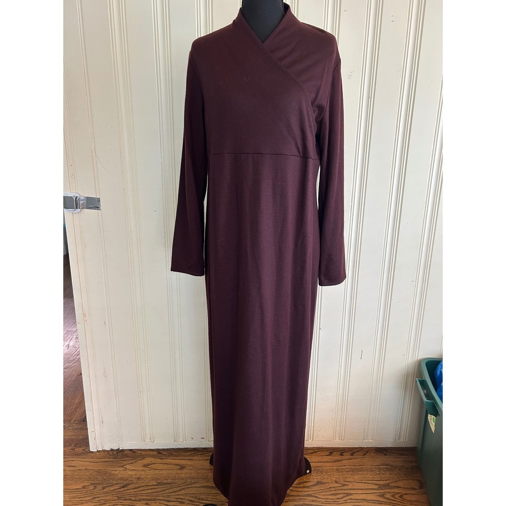 Eileen Fisher S Long Sleeve 100 % Wool Faux Wrap Maxi Dress Aubergine Knit Lux